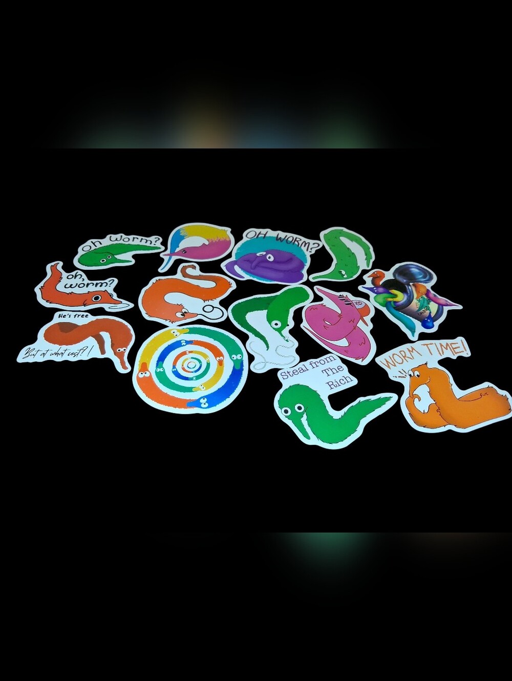 Colorful Worm On A String Sticker Pack - Bright Green, Pink, Orange Blue, Purple